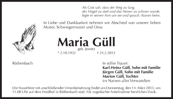 Traueranzeige von Maria Güll von Pegnitz-Zeitung